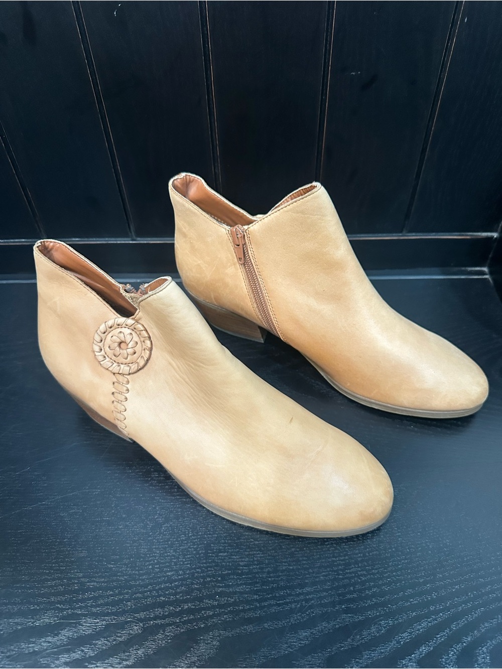 Jack Rogers Tan Leather Ankle Booties with Braided Medallion